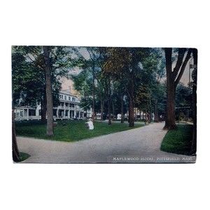 Pittsfield MA~Maplewood Hotel~Victorian Lady in Center of Lawn~Sign on Road~1914